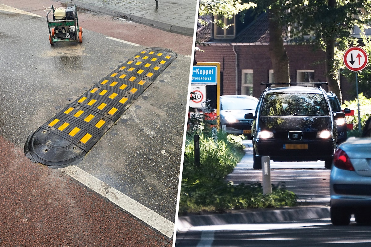 De nieuwe drempel in de Hummeloseweg. Rechts: in de Hummeloseweg werden eerder al chicanes gelegd, nu zijn daar ook drempels bij gekomen.
