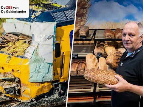 Links: De trein in Meteren na de aanrijding met de vrachtwagen / Rechts: Bakker Robbert
