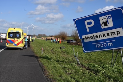 Auto raakt van de A15 bij Gellicum en botst tegen twee verkeersborden