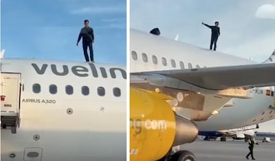 Schipholgangers zien bizar tafereel in Valencia: schreeuwende man trekt sprintje over dak van hun vliegtuig