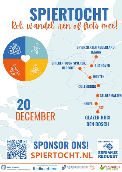 Spiertocht voor Serious Request gaat vanaf Baarn via Utrecht en Culemborg naar Glazen Huis in Den Bo