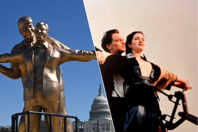 Net als de Titanic: opmerkelijk en vooral gigantisch goudkleurig standbeeld van Trump en Epstein duikt op