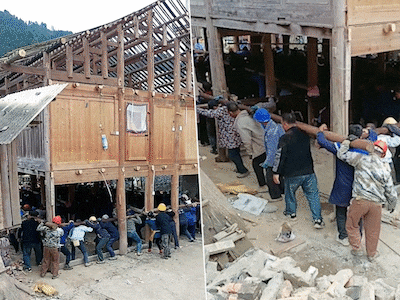Meer dan 200 dorpelingen tillen samen heel huis op om te verplaatsen in China