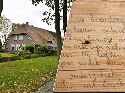 Links: de vijf Enschedeërs werkten aan de bouw van dit boerderijtje in Staphorst. Rechts: De mysterieuze tekst 