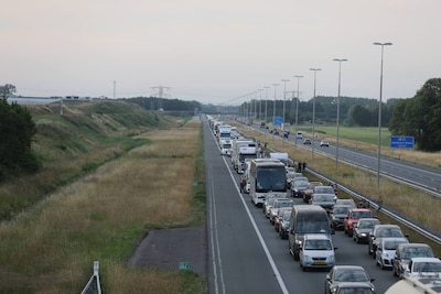 File op A50 door zwaan in de berm: rechterrijstrook dicht