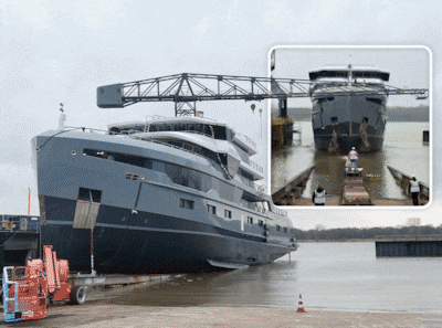 Failliete scheepswerf maakt indruk met gigantisch jacht dat te water gaat: ‘Engineers hadden zweet in de handen’