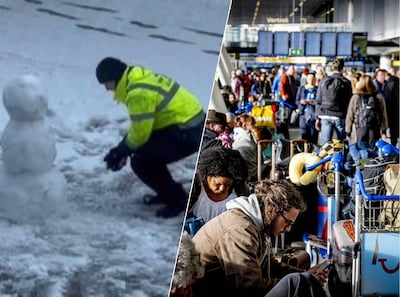 Terwijl Schiphol zucht en steunt, gaat ‘sneeuwpop-medewerker’ wereld over: ‘Laat die man lekker!’