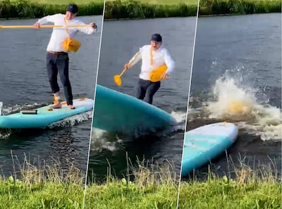 Hilarische beelden: burgemeester gaat op sup naar z’n werk, maar dan... ‘Dat laatste metertje’