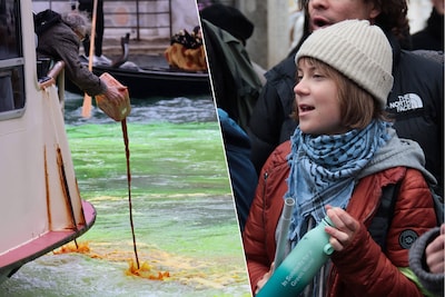 Greta Thunberg tijdelijk verbannen uit Venetië na actie met groene kleurstof in kanaal