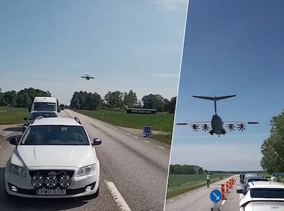 Bijzondere file in Zweden: automobilisten moeten wachten, omdat Belgisch legervliegtuig op snelweg landt