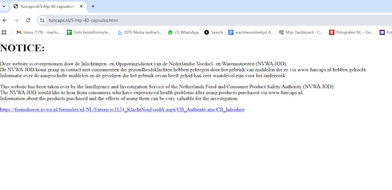 De website van Funcaps.nl is inmiddels offline. ‘Deze website is overgenomen door de Inlichtingen- en Opsporingsdienst van de Nederlandse Voedsel- en Warenautoriteit’ krijgen bezoekers te zien.