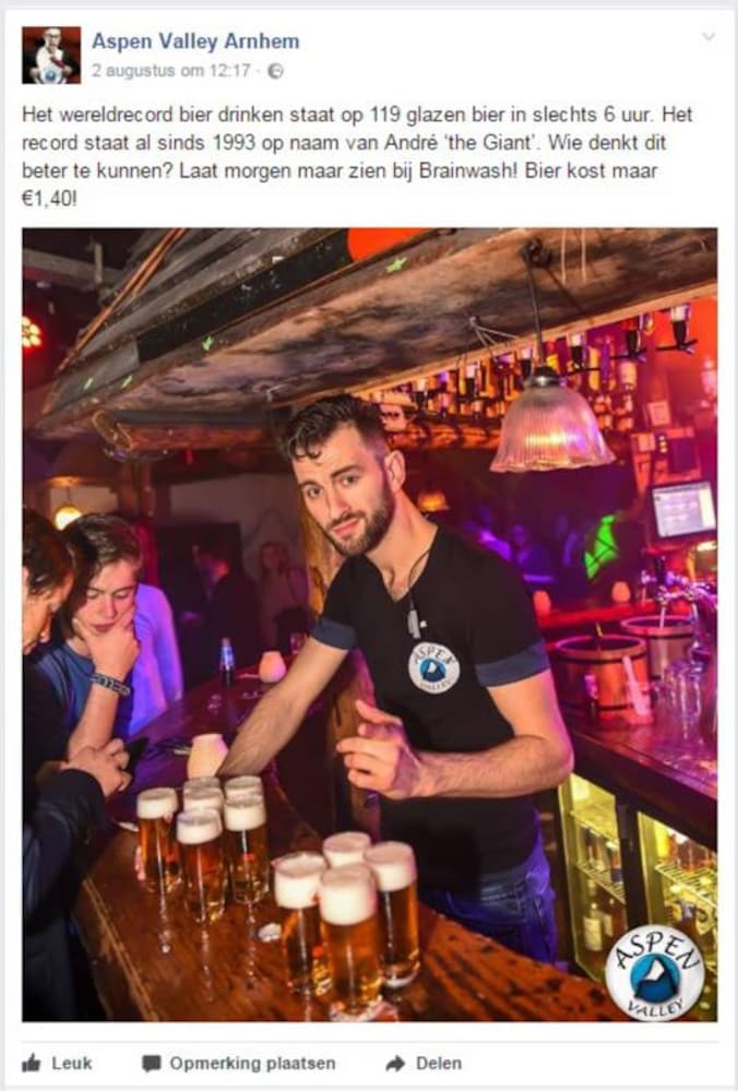 Eigenaar disco Arnhem: uitnodiging wereldrecord bierdrinken is grap ...
