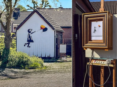 ‘Banksy’ met klompen en ballon in Culemborgse kleuren vrolijkt voorheen unheimisch pleintje op