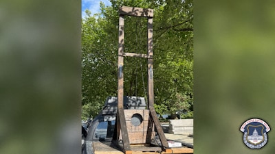 Als je dacht dat je alles gezien had: Capitoolpolitie arresteert man met guillotine aan wagen