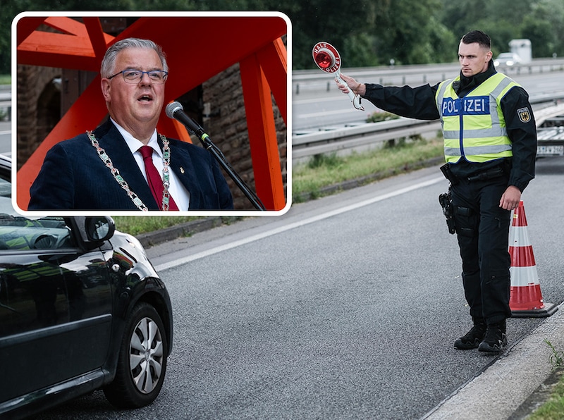 Een grenscontrole in Duitsland. Inzet: de Nijmeegse burgemeester Bruls.  