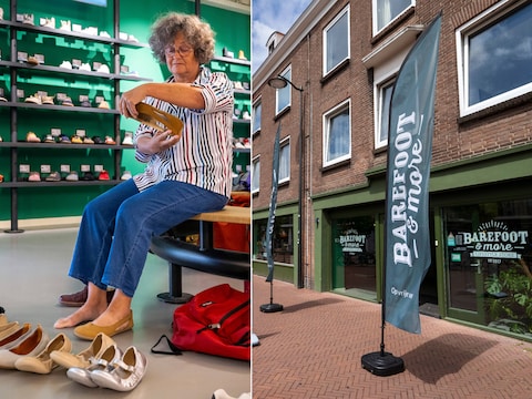 Geesje Berends (68) past schoenen in de zaak van Barefoot & More in Arnhem. Rechts: de gevel van de zaak aan Kleine Oord.