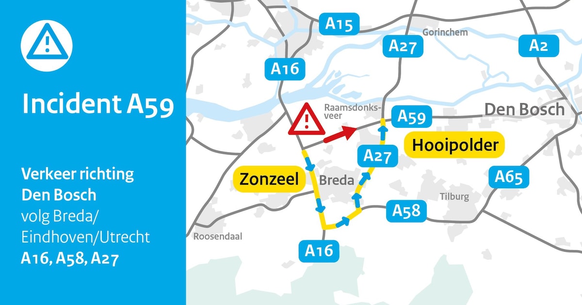Vrachtwagencombinatie geschaard op de A59 bij Made, weg richting Den Bosch gesloten